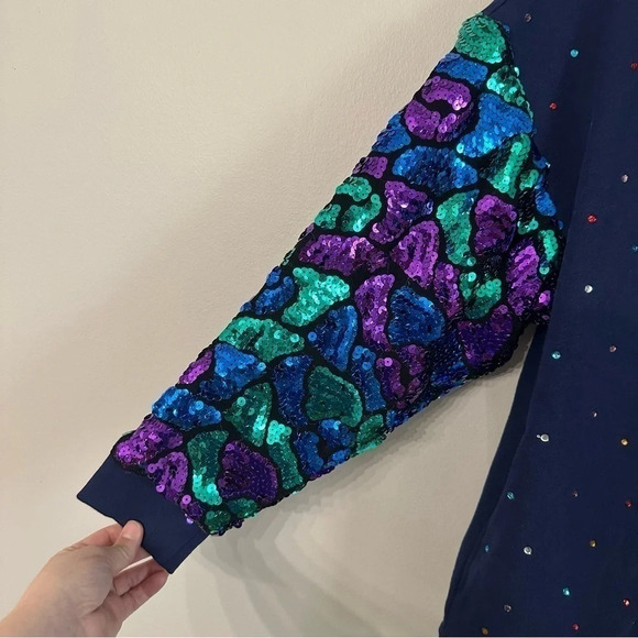 Terez Women Rhinestone Sequin Sleeves Button Up V-Neck Cardigans Navy Sz S NWOT - Picture 10 of 11